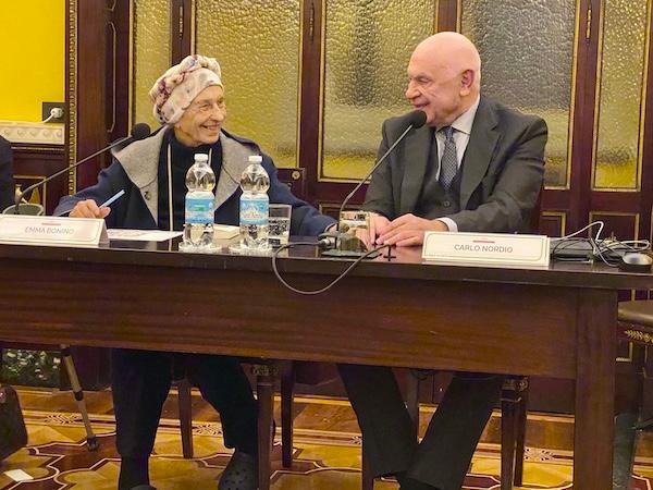 La presidente di +Europa Emma Bonino e il ministro della Giustizia Carlo Nordio alla cerimonia conclusiva del Comitato Nazionale Centenario Sciasciano, "Quali possibilit&agrave; forse ancora restano alla giustizia?", Palazzo Besso, Roma, 22 novembre 2023 (Credit: Ministero della Giustizia)